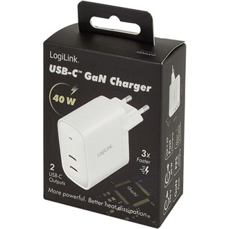 LogiLink USB tápcsatlakozó adapter, 2x USB-C port (PD), GaN-technológia, 40 W