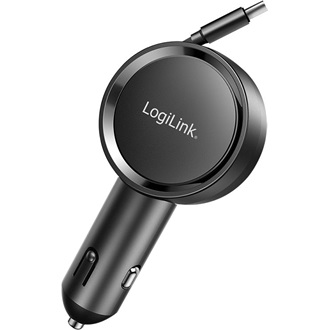 Logilink 30 W-os autós töltő 80 cm-es kihúzható USB-C töltőkábellel, fekete
