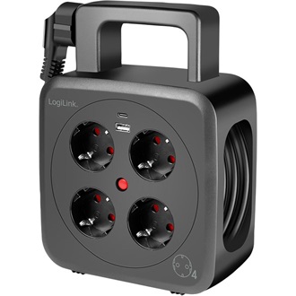 Logilink 5 m tápkábeldob, 4x AC aljzat, 1x USB-A, 1x USB-C, IP20, 3000 W