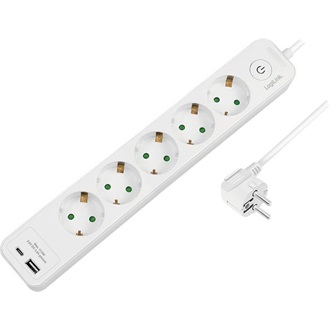 Logilink Aljzat 5-utas + kapcsoló, 5x CEE 7/3, 1x USB-A, 1x USB-C, 1,5 m, fehér