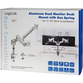 Logilink Dual Monitor mount, 17"-32", aluminum, gas spring, curved screens, pole
