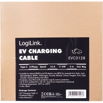 Logilink EV töltőkábel, Type 2, 3 fázis, spirál, 20 A, 11 kW, táskával, 5 m