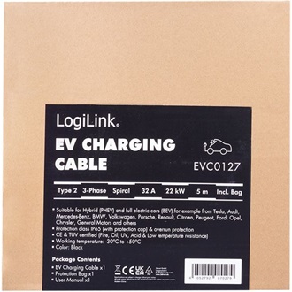 Logilink EV töltőkábel, Type 2, 3 fázis, spirál, 32 A, 22 kW, táskával, 5 m