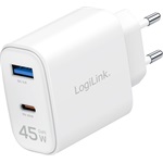 Logilink Kettős USB aljzatú adapter, 45 W, GaN, 1x USB-A, 1x USB-C, fehér