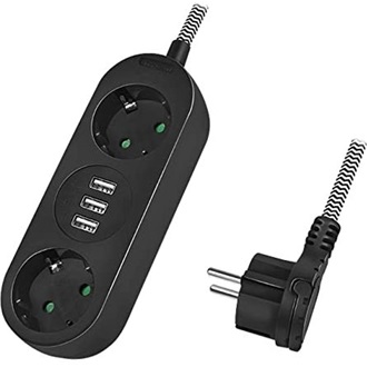 Logilink Outlet Strip, 3 safety sockets, w/ 3x USB Port, w/ textile cable, black