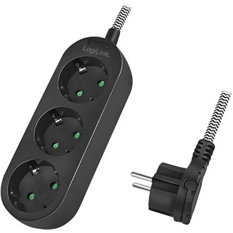 Logilink Outlet Strip, 3 safety sockets, w/ textile cable, black
