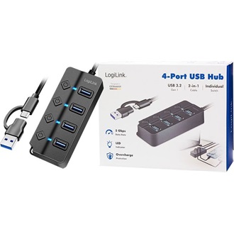 Logilink USB 3.2 Gen1 Hub, 4 port, be-/kikapcsoló, fekete