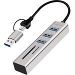 Logilink USB 3.0 hub, 3x USB-A, SD/microSD nyílás, 2 az 1-ben csatlakozókábel, 5 Gbit/s, ezüst