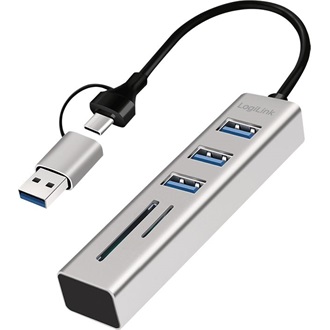 Logilink USB 3.0 hub, 3x USB-A, SD/microSD nyílás, 2 az 1-ben csatlakozókábel, 5 Gbit/s, ezüst