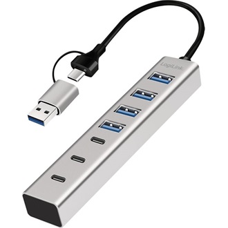 Logilink USB 3.0 hub, 7 port, 4x USB-A, 3x USB-C, 2 az 1-ben csatlakozókábel, 5 Gbit/s, ezüst
