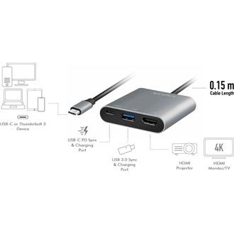 LogiLink USB-C 3.2 Gen1 -> 1db HDMI 2.0 1db USB-C 3.2 Gen 2 1db USB-A 3.0 M/F adapter 0.15m szürke DP Alt Mode, PD 100W