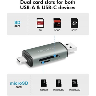 LogiLink USB3.2 Gen1 A / USB-C SD, microSD kártyaolvasó aluminium