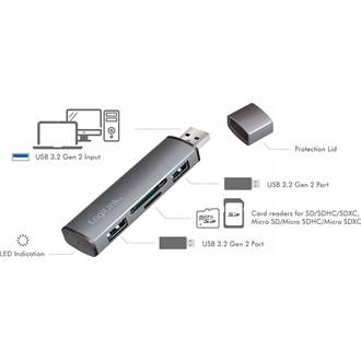Logilink USB 3.2 Gen2, 2 portos hub kártyaolvasóval, alumínium házzal