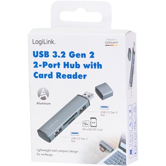 Logilink USB 3.2 Gen2, 2 portos hub kártyaolvasóval, alumínium házzal