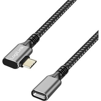 Logilink USB 3.2 Gen2 Type-C kábel, C/M 90  - USB-C/F, PD, alu, fekete/szürke, 1 m
