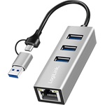 Logilink USB 3.2 Gen 1 hub, 3x USB-A, 1x RJ45, 2 az 1-ben csatlakozókábel, ezüst