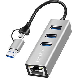 Logilink USB 3.2 Gen 1 hub, 3x USB-A, 1x RJ45, 2 az 1-ben csatlakozókábel, ezüst