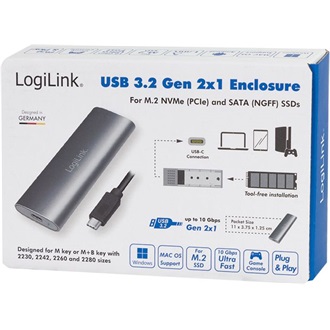 Logilink USB 3.2 Gen 2x1 ház M.2 NVMe (PCIe) és SATA (NGFF) SSD-khez, ezüst