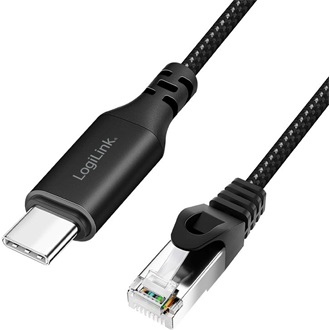 Logilink USB 3.2 Type-C Ethernet kábel, C/M   RJ45/M, 1 Gbps, aktív, fekete/szürke, 15 m