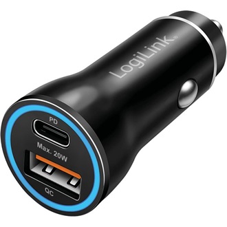 Logilink USB autós töltő adapter, 20 W, 1x USB-C PD, 1x USB-A QC, LED gyűrű, fekete
