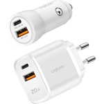 Logilink USB töltőkészlet, 20 W, 1x autós adapter és 1x fali adapter, 1x USB-A + 1x USB-C, fehér