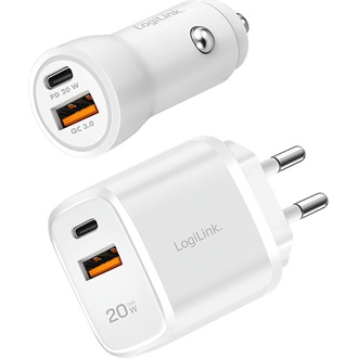 Logilink USB töltőkészlet, 20 W, 1x autós adapter és 1x fali adapter, 1x USB-A + 1x USB-C, fehér