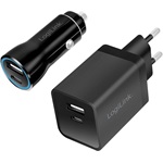 Logilink USB töltőkészlet, autós és váltóáramú, USB-C/F + USB-A/F, 5 V/15 W, fekete