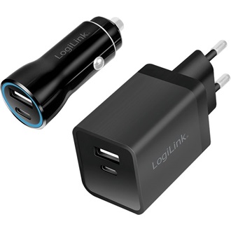 Logilink USB töltőkészlet, autós és váltóáramú, USB-C/F + USB-A/F, 5 V/15 W, fekete