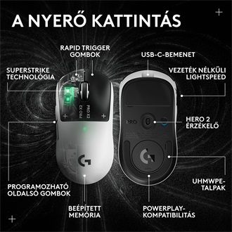 Logitech PRO X2 SUPERSTRIKE LIGHTSPEED optikai vezeték nélküli gaming egér fehér-fekete (Lunar Eclipse)