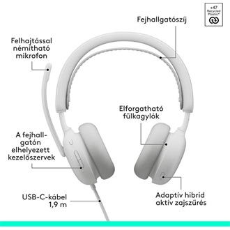 Logitech Zone Wired 2 fülhallgató headset fehér