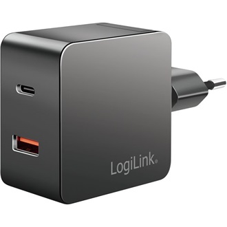 Loiglink Kettős USB-csatlakozós adapter, 1x USB-A, 1x USB-C, GaN, 45 W, fekete