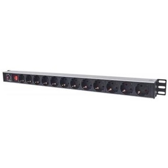 Manhattan elosztó - Vertikális Rackmount elosztó, 12 aljzat, 1.8m, túlfeszültség védelem, ki-be kapcsológomb