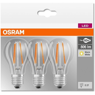 Osram Base Filament 7 W E27 806 lumen meleg fehér LED körte izzó 3db/csomag