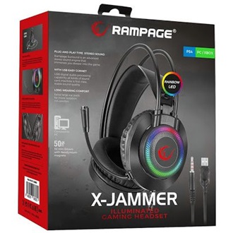Rampage Fejhallgató - RM-K27 X-JAMMER (7.1, mikrofon, 3,5 mm Jack, hangerőszabályzó, nagy-párnás, fekete, RGB LED)