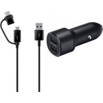 SAMSUNG autós töltő 2 USB aljzat (15W, gyorstöltő, LED + Type-C/microUSB kábel) FEKETE (Gigapack csomagolás)