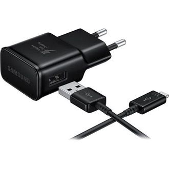 SAMSUNG hálózati töltő USB aljzat (15W, gyorstöltő + microUSB kábel) FEKETE (Gigapack csomagolás)