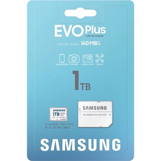 Samsung 1024GB EVO Plus (+adapter) UHS-1 Class10 U3 V30 A2 vízálló ütésálló microSDXC memóriakártya BOX fehér