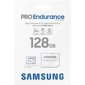 Samsung 128GB PRO Endurance (+adapter) UHS-1 Class10 U3 V30 vízálló ütésálló microSDXC memóriakártya BOX fehér
