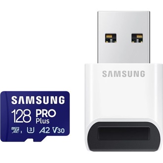 Samsung 128GB PRO Plus UHS-1 Class10 U3 V30 A2 microSDXC memóriakártya + kártyaolvasó BOX fekete