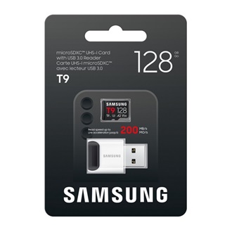 Samsung 128GB T9 UHS-1 Class10 U3 V30 A2 microSDXC memóriakártya + kártyaolvasó BOX fekete