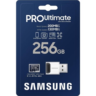 Samsung 256GB PRO Ultimate (+adapter) UHS-1 Class10 U3 V30 A2 vízálló ütésálló microSDXC memóriakártya BOX kék