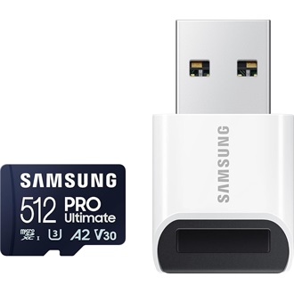 Samsung 512GB PRO Ultimate UHS-1 Class10 U3 V30 A2 vízálló ütésálló microSDXC memóriakártya + kártyaolvasó BOX fehér