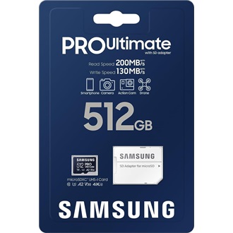 Samsung 512GB PRO Ultimate (+adapter) UHS-1 Class10 U3 V30 A2 vízálló ütésálló microSDXC memóriakártya BOX kék