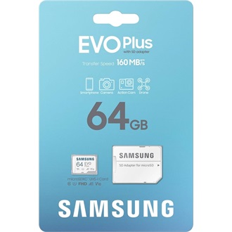 Samsung 64GB EVO Plus (+adapter) UHS-1 Class10 U3 V30 A2 microSDXC memóriakártya BOX fehér