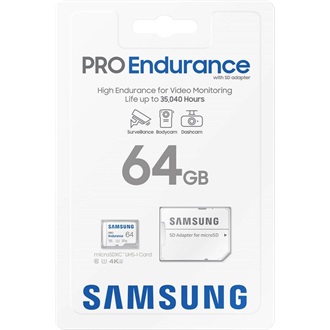 Samsung 64GB PRO Endurance (+adapter) UHS-1 Class10 U3 V30 vízálló ütésálló microSDXC memóriakártya BOX fehér