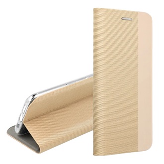 Samsung A02s Gigapack tok álló, bőr hatású FLIP, textil minta, ARANY