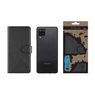 Samsung A12 TACTICAL FIELD NOTES tok álló, bőr hatású FLIP, prémium, FEKETE
