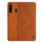 Samsung A21 NILLKIN QIN tok álló, bőr hatású FLIP, kártyazseb, BARNA