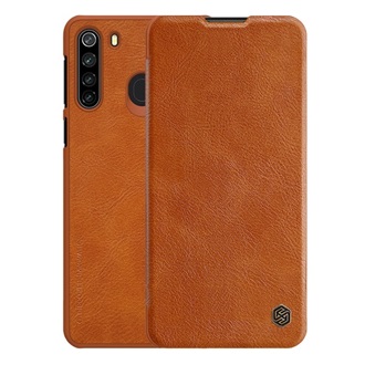 Samsung A21 NILLKIN QIN tok álló, bőr hatású FLIP, kártyazseb, BARNA