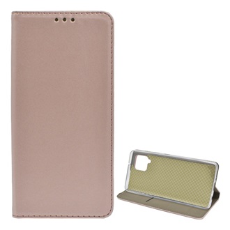 Samsung A42 5G Gigapack tok álló, bőr hatású FLIP, asztali tartó, ROZÉARANY